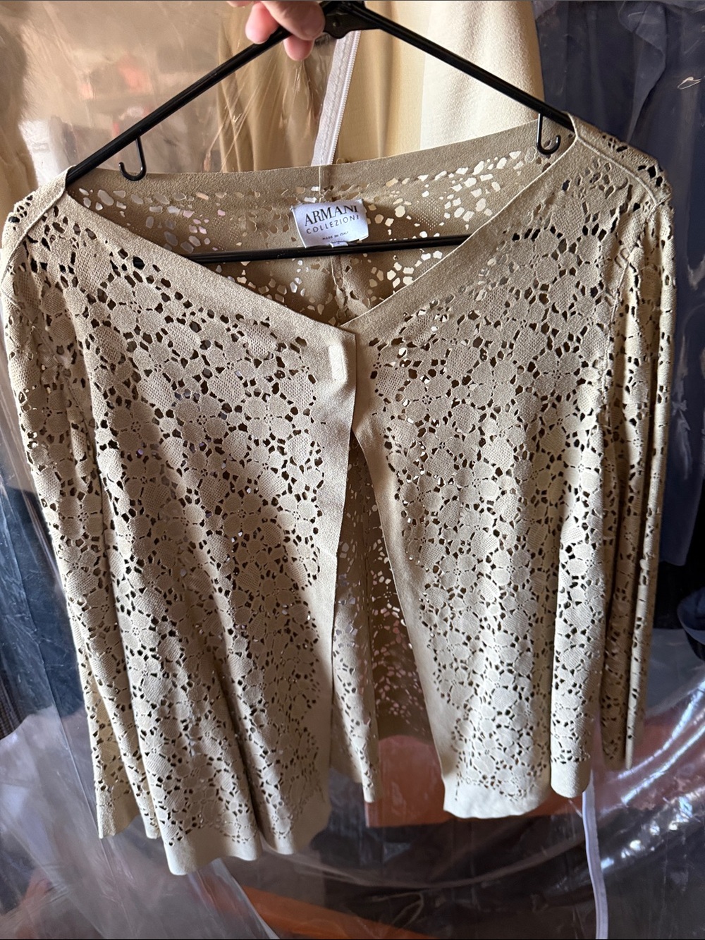 Armani Collezioni Taupe Openwork Crochet Cardigan